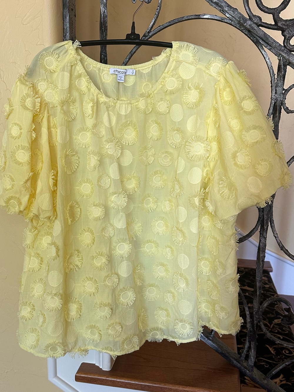 Chico's Lemon Yellow Textured 3D Floral Blouse
